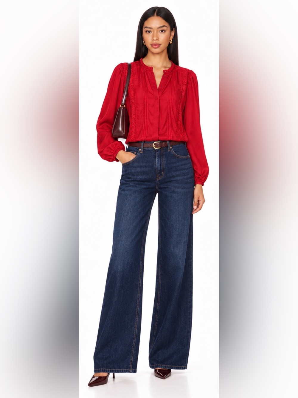 J. Crew Lace-trim pintuck top in crepe de chine in vintage ruby